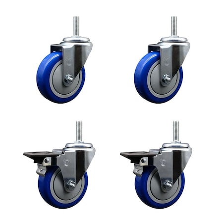 Service Caster 4 Inch Blue Polyurethane Wheel Swivel 34 Inch Threaded Stem Caster Set 2 Brakes SCC SCC-TS20S414-PPUB-BLUE-34212-2-PLB-2